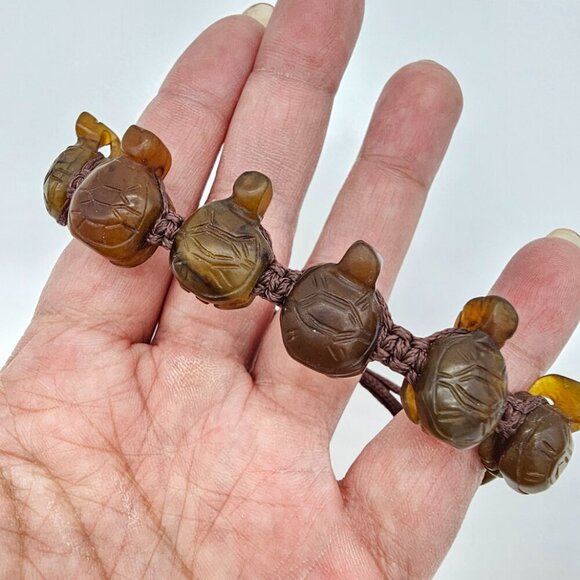 Vintage Hand Carved Stone Turtle Adjustable Rope Bracelet, Brown, One Size - Picture 3 of 12